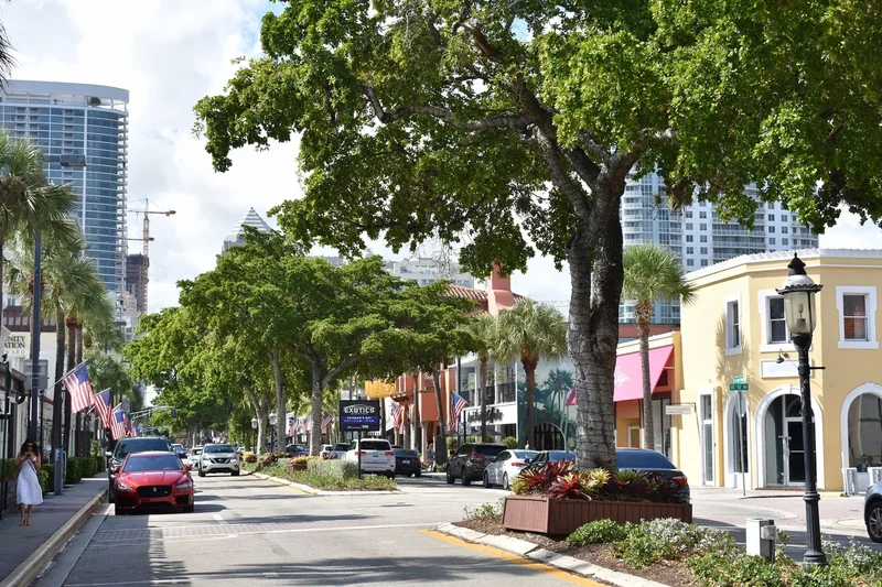 Las Olas Boulevard with shops, trees and parked cars