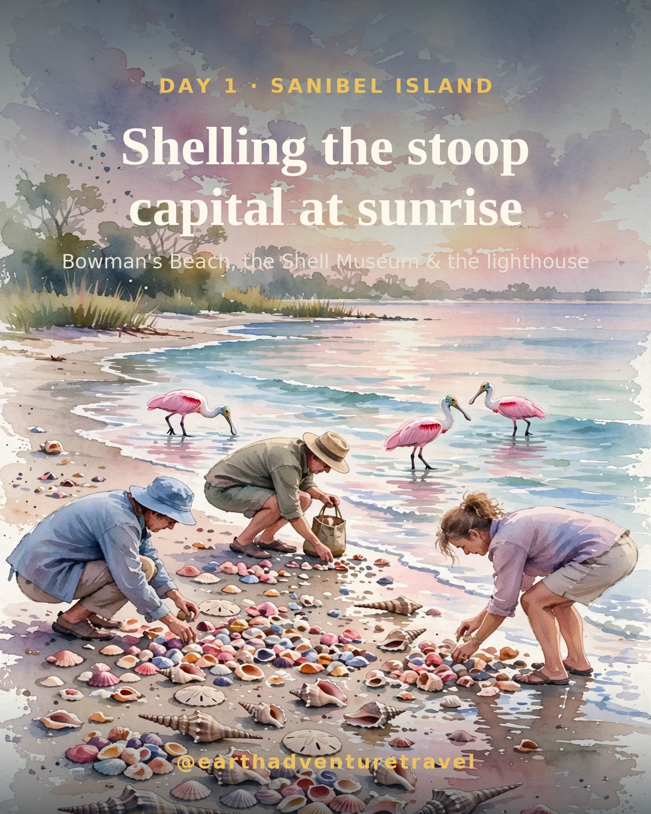 Day 1 itinerary card: shelling on Sanibel Island at sunrise
