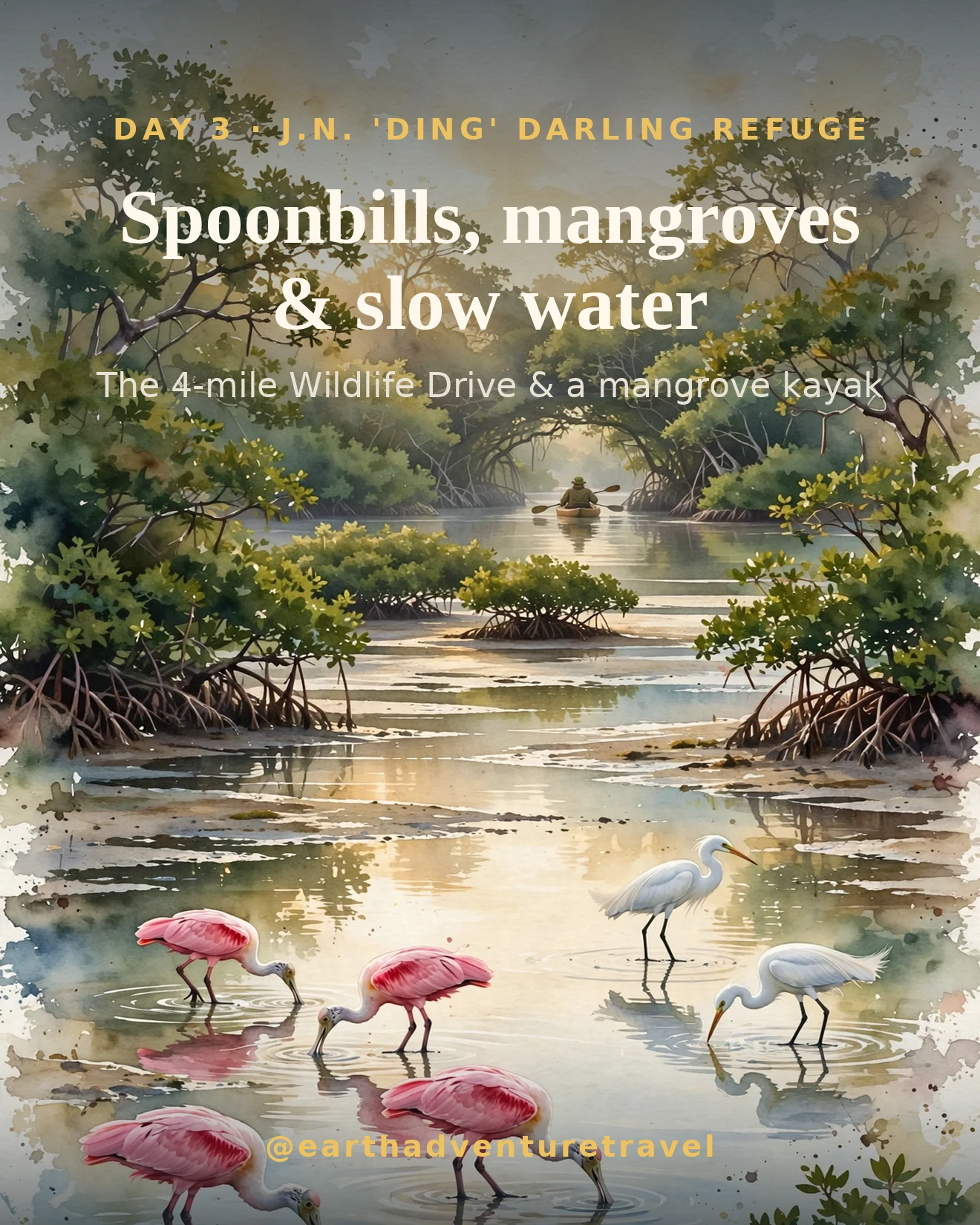 Day 3 itinerary card: roseate spoonbills and mangroves at Ding Darling refuge