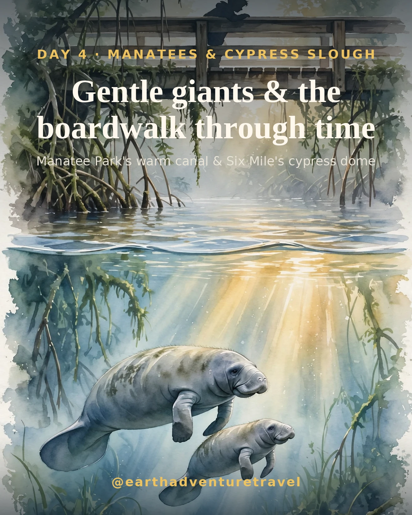 Day 4 itinerary card: manatees in clear water beneath a boardwalk