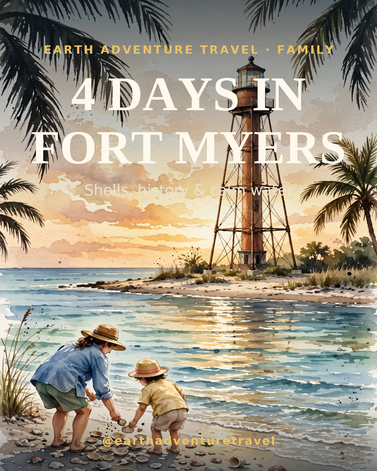 Fort Myers family travel guide cover: the Sanibel Lighthouse at golden hour with a family shelling on the beach — a 4-day family itinerary