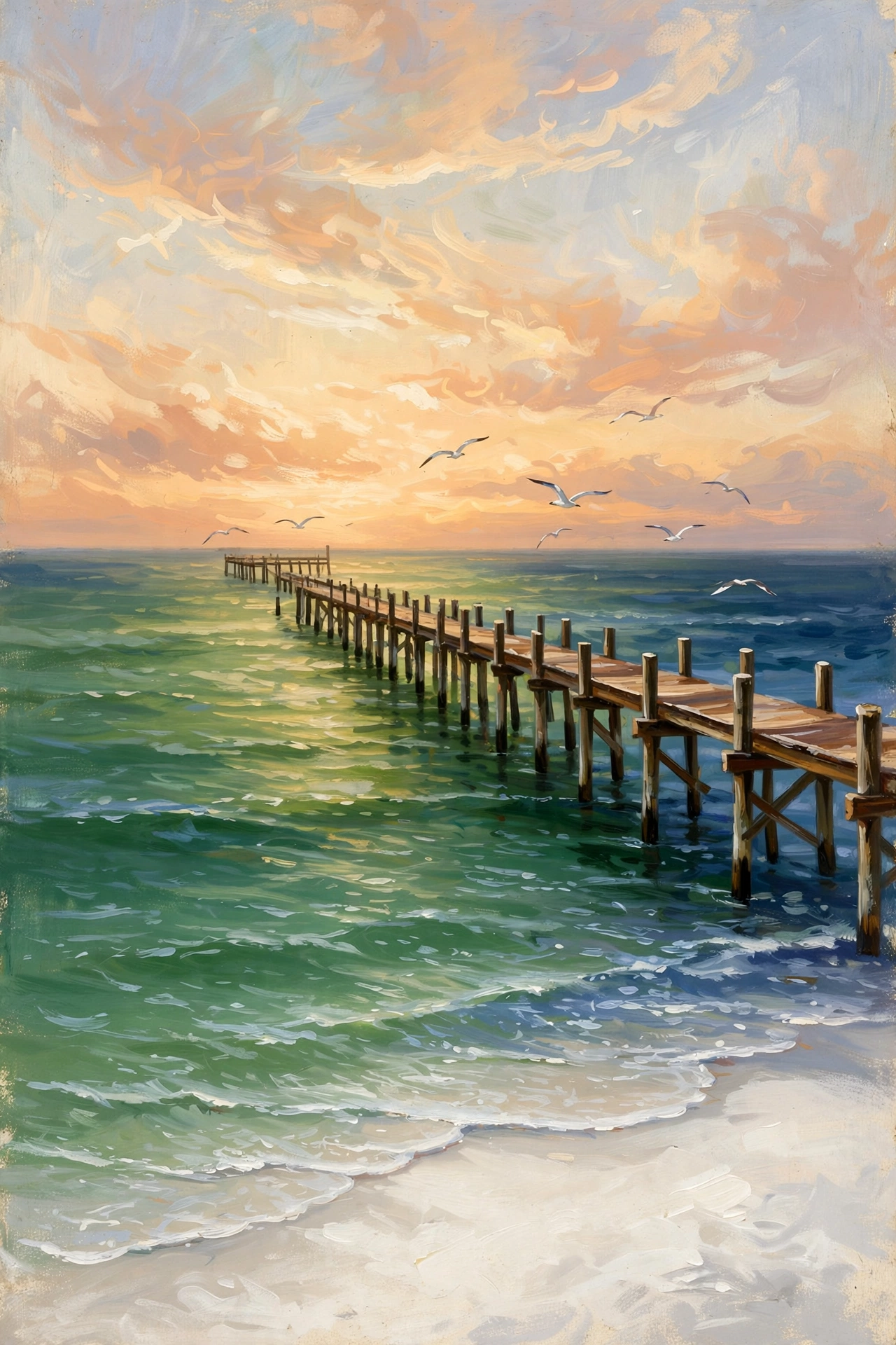 Illustrated Fort Walton Beach family guide cover: a fishing pier reaching into emerald Gulf water at sunset over sugar-white sand