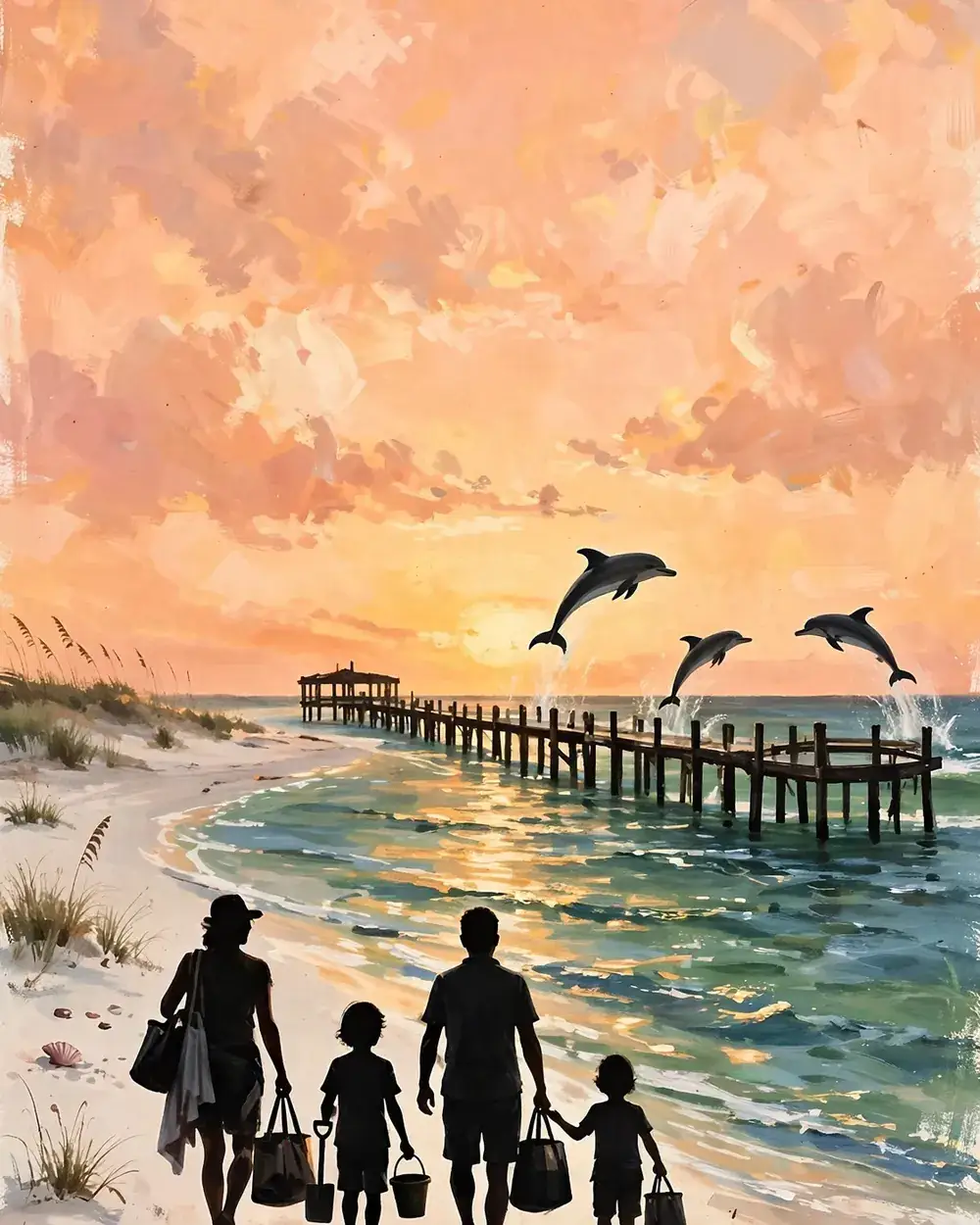 Day 1 graphic: arriving on Okaloosa Island at sunset, the fishing pier and dolphins offshore