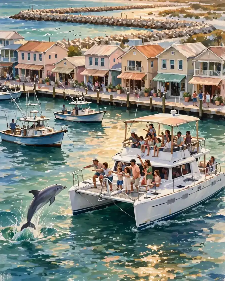 Day 3 graphic: Destin Harbor at golden hour, dolphin cruise boat and charter fleet