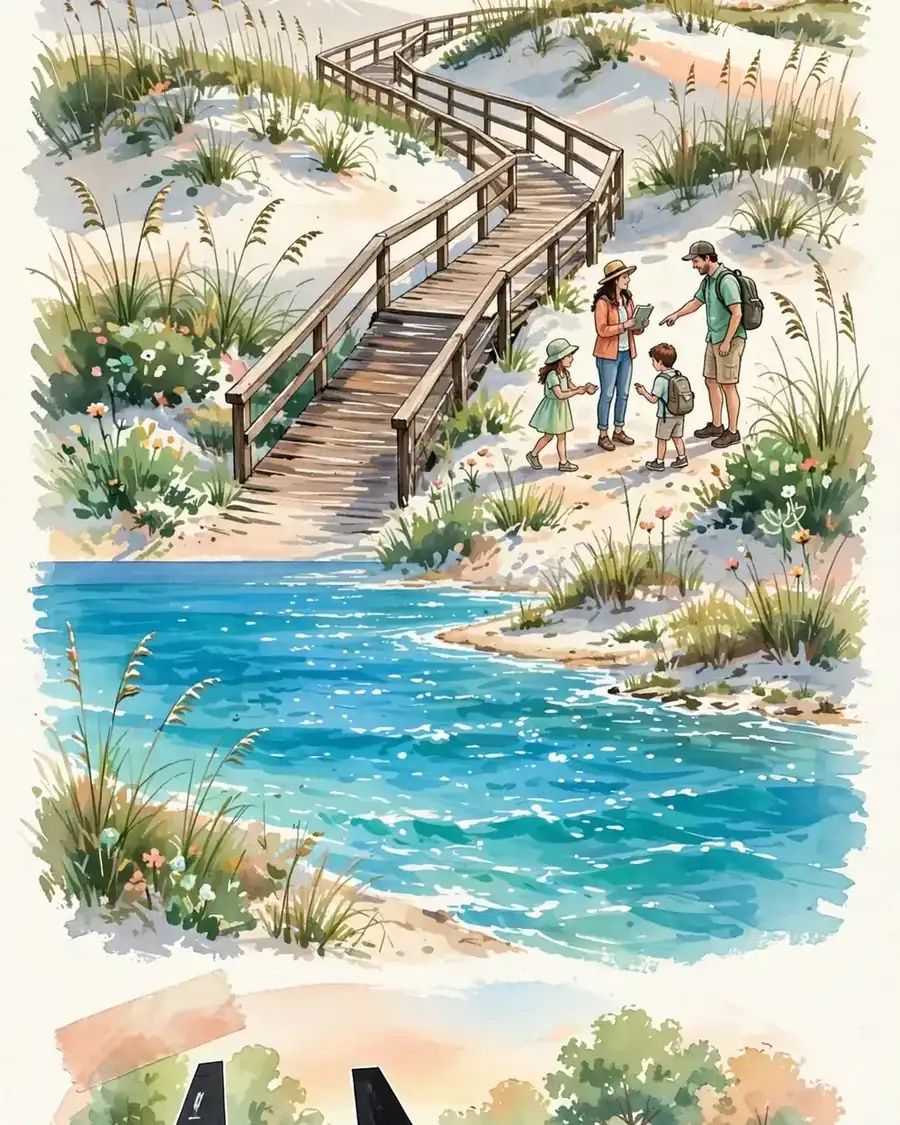Day 4 graphic: Henderson Beach dunes and boardwalk, with an SR-71 jet
