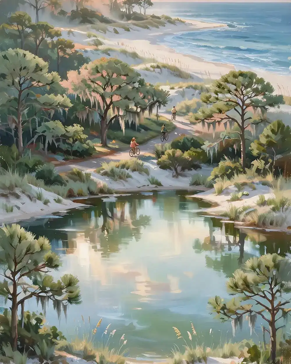 Day 5 graphic: Grayton Beach on 30A, dunes, coastal dune lake, and cyclists