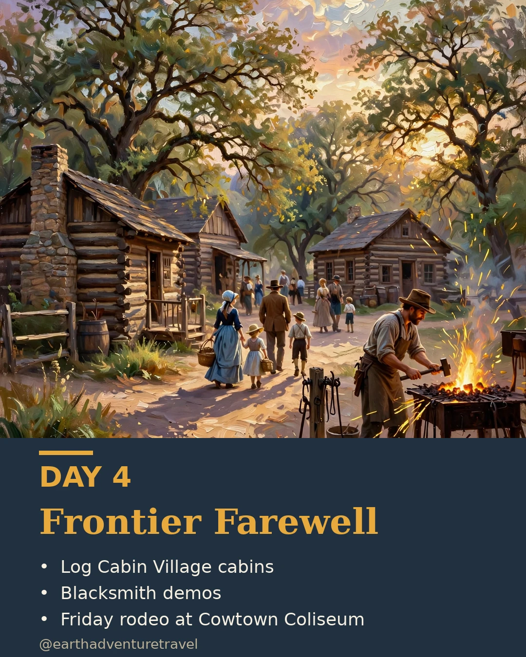 Day 4 graphic: Log Cabin Village and the Cowtown Coliseum rodeo