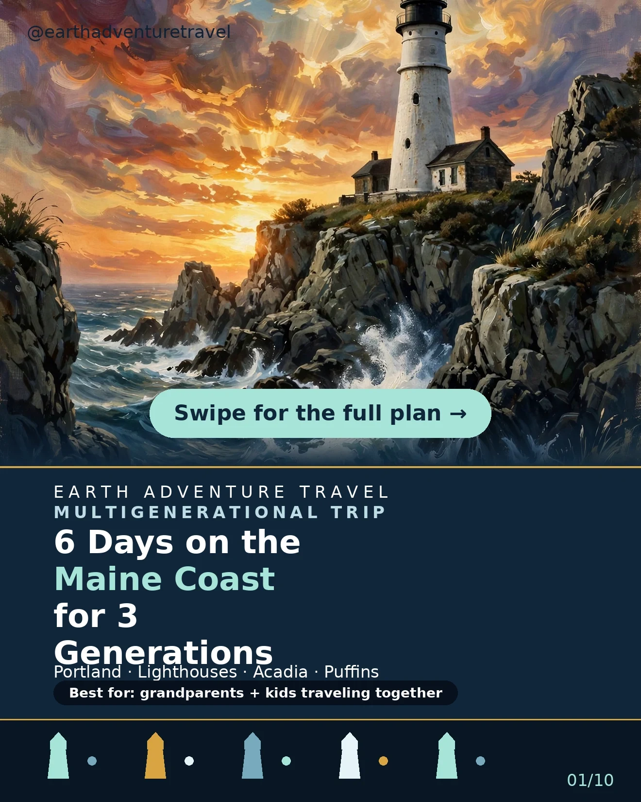 Illustrated multigenerational family on Maine’s rocky coast near a lighthouse