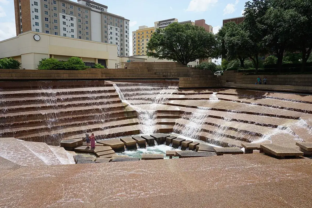 Water cascading down the Active Pool at the Fort Worth Water Gardens