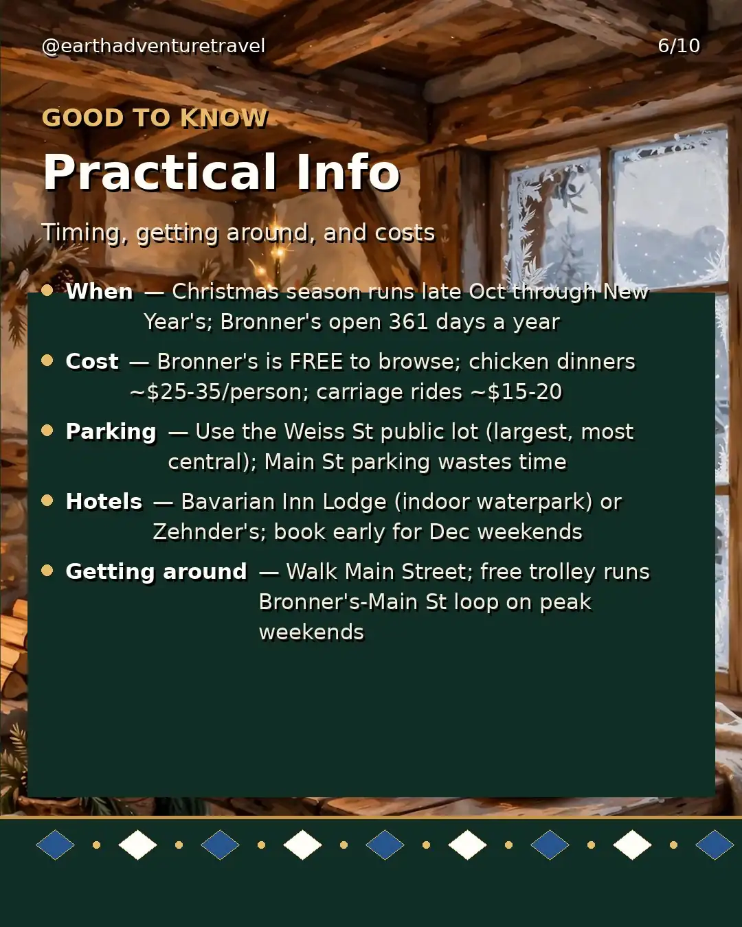 Practical information graphic for the Frankenmuth Christmas family trip