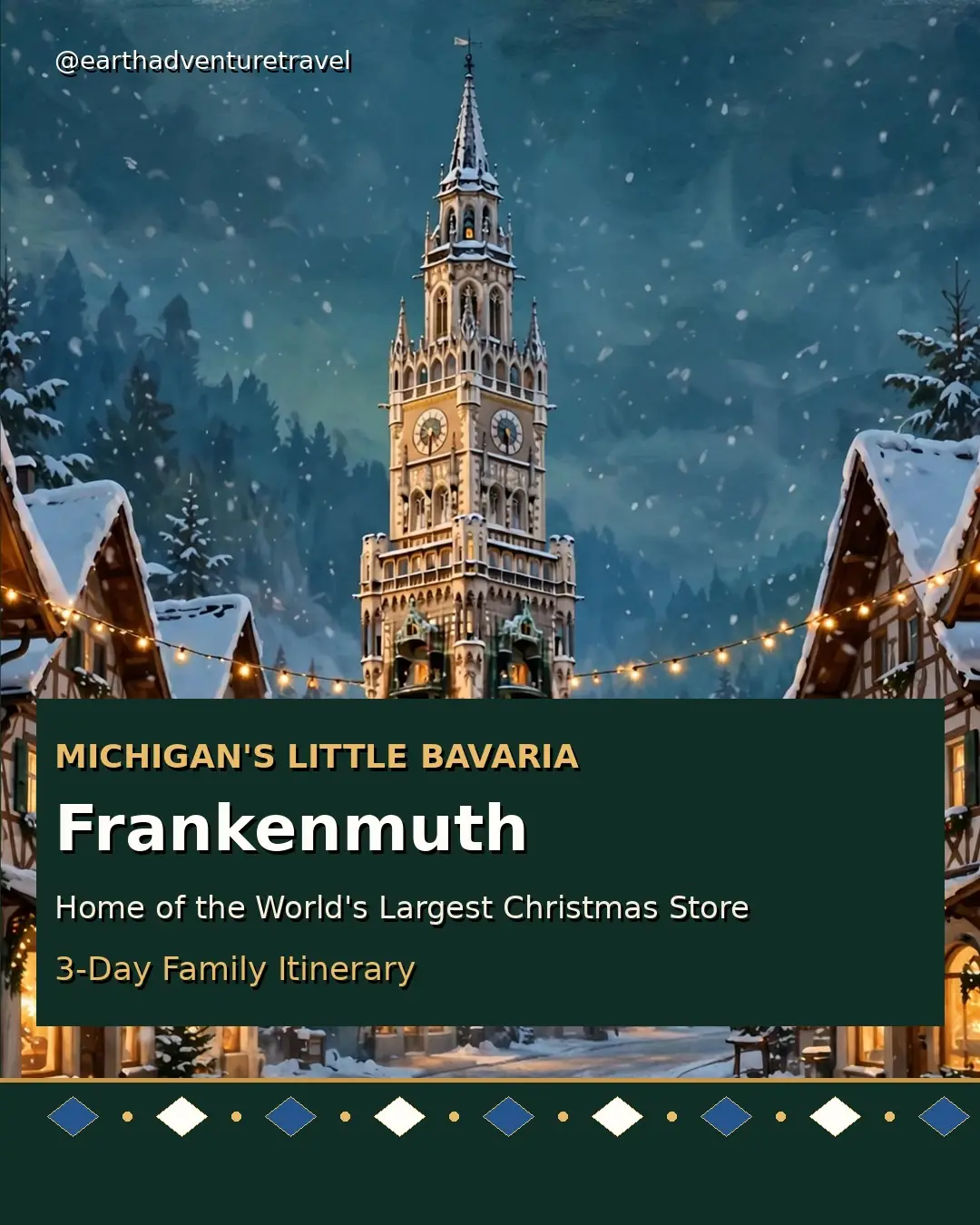 Illustrated Frankenmuth Bavarian village at Christmas with snow and glowing lights