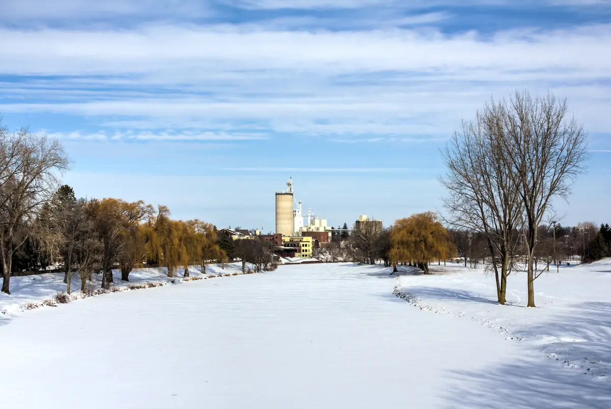 Frozen Cass River in Frankenmuth with winter trees