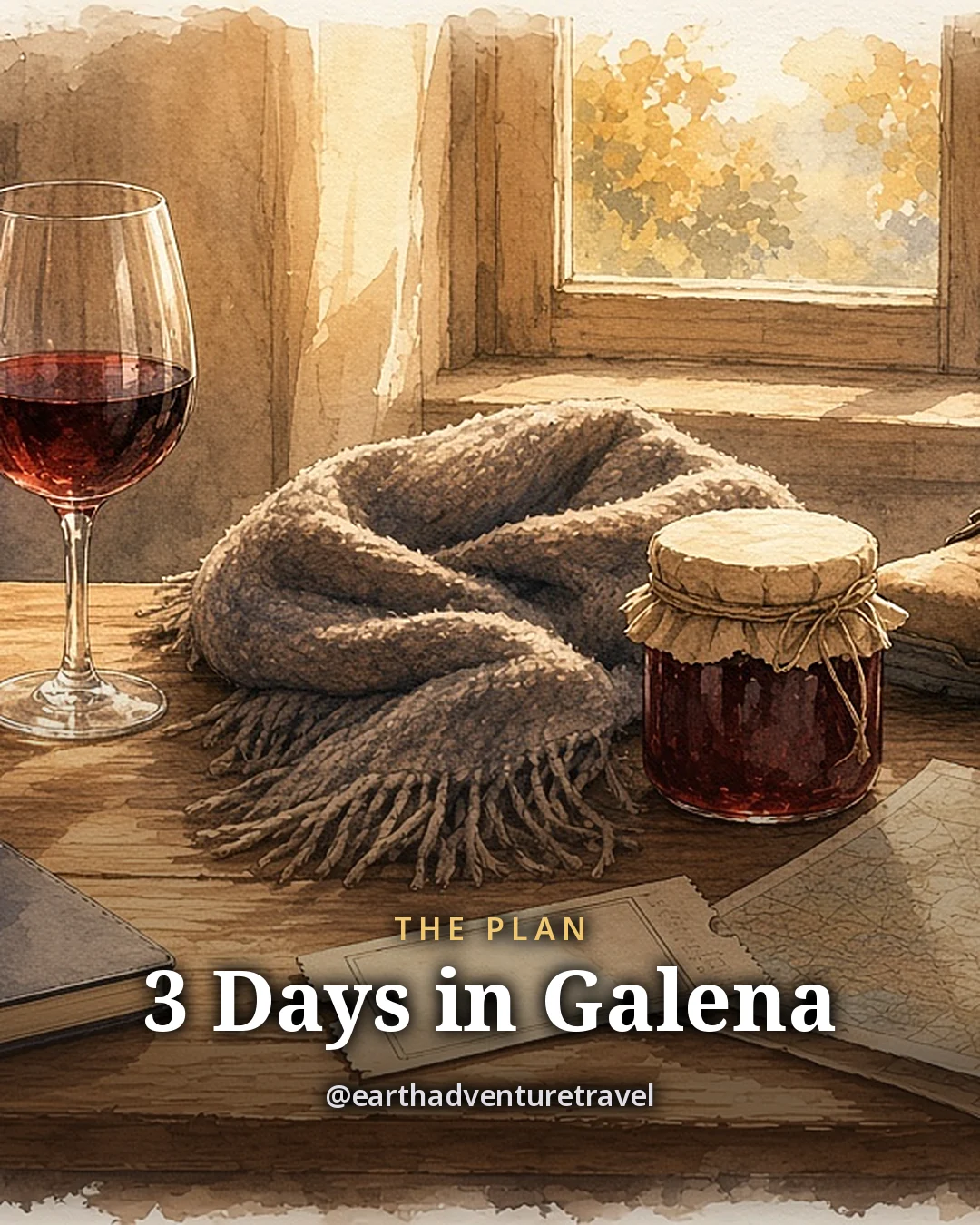 Illustration: two glasses of red wine, a small jar of jam, a wool scarf, walking boots, a notebook and a folded paper map on a wooden table by a window with autumn trees, original illustrated plan card for 3 days in Galena