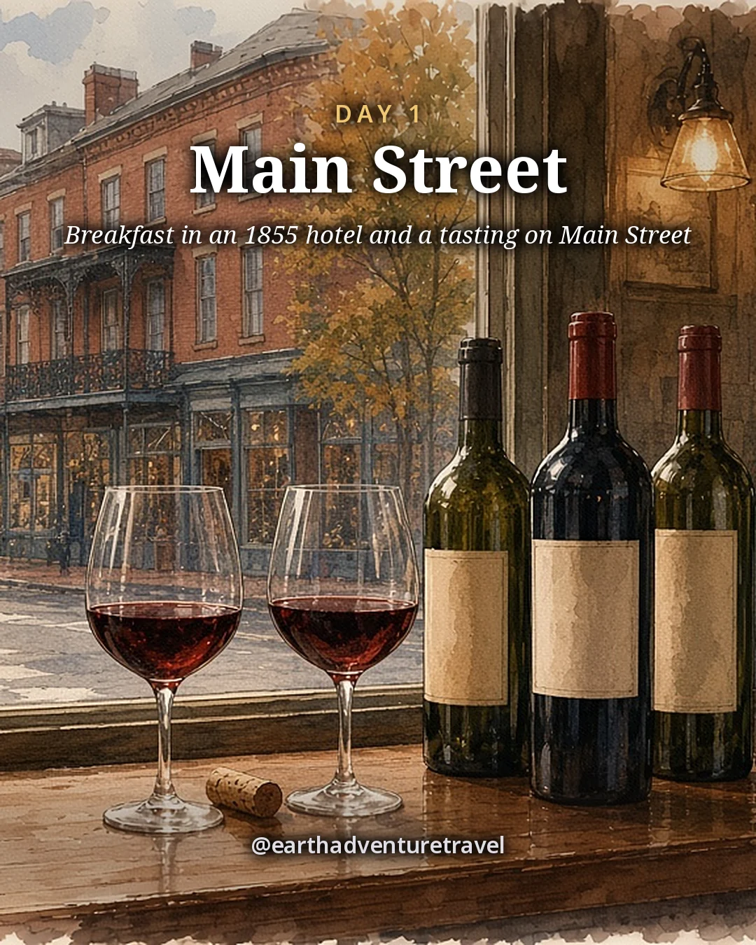 Illustration: two glasses of red wine and a row of bottles on a wooden tasting bar, with Galena’s brick storefronts and iron balconies through the window, illustrated day card for Day 1