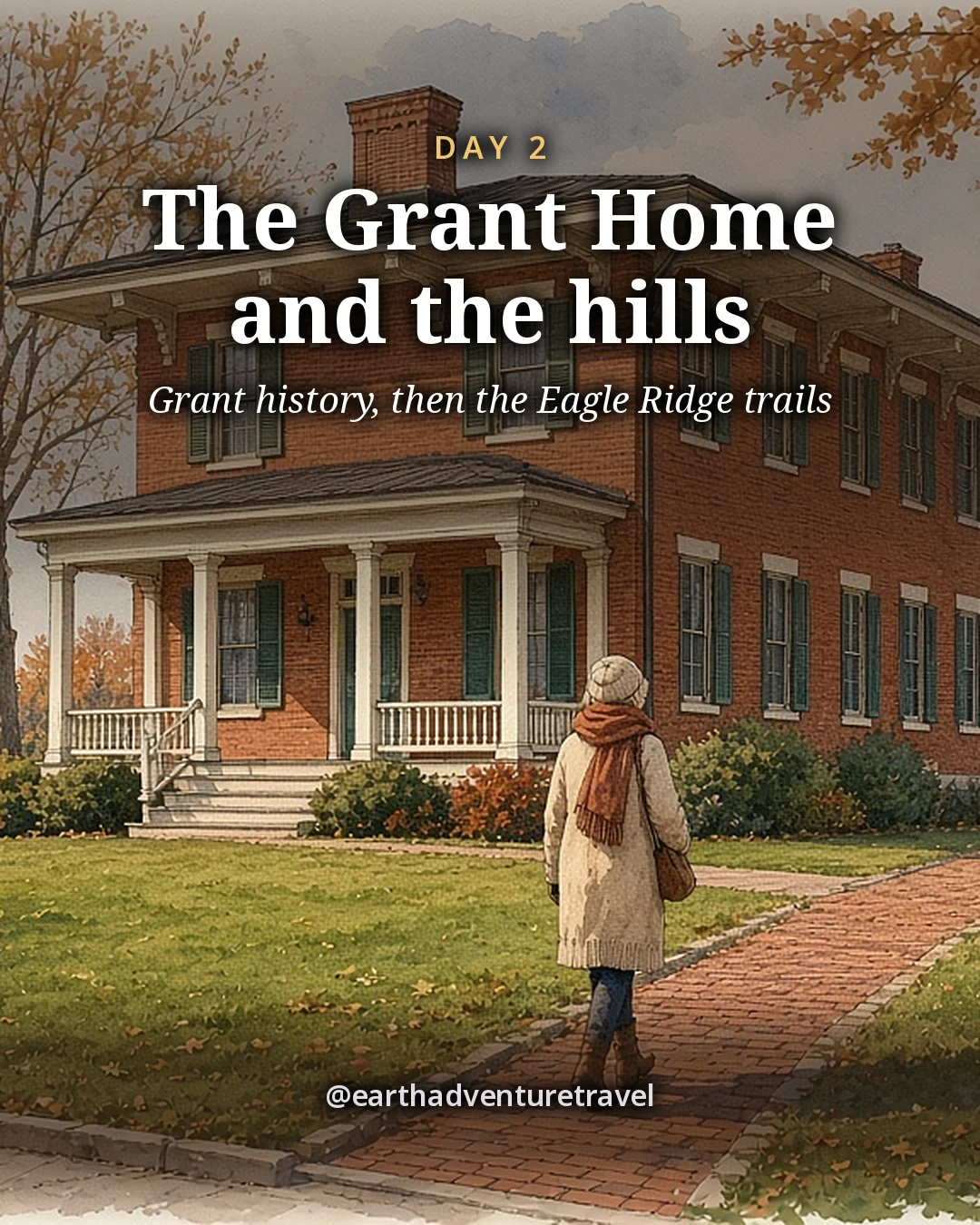 Illustration: a woman in a long coat walking the brick path to the red-brick Ulysses S. Grant Home, with a flag, a white fence and autumn trees, illustrated day card for Day 2