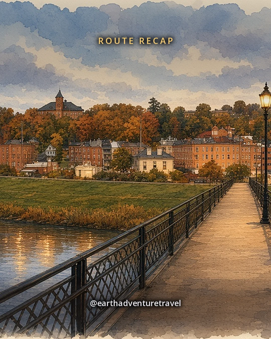 Illustration: the footbridge over the Galena River at dusk with iron railings and a lamp post, leading toward the brick town and its steeples under a soft evening sky, original illustrated recap card