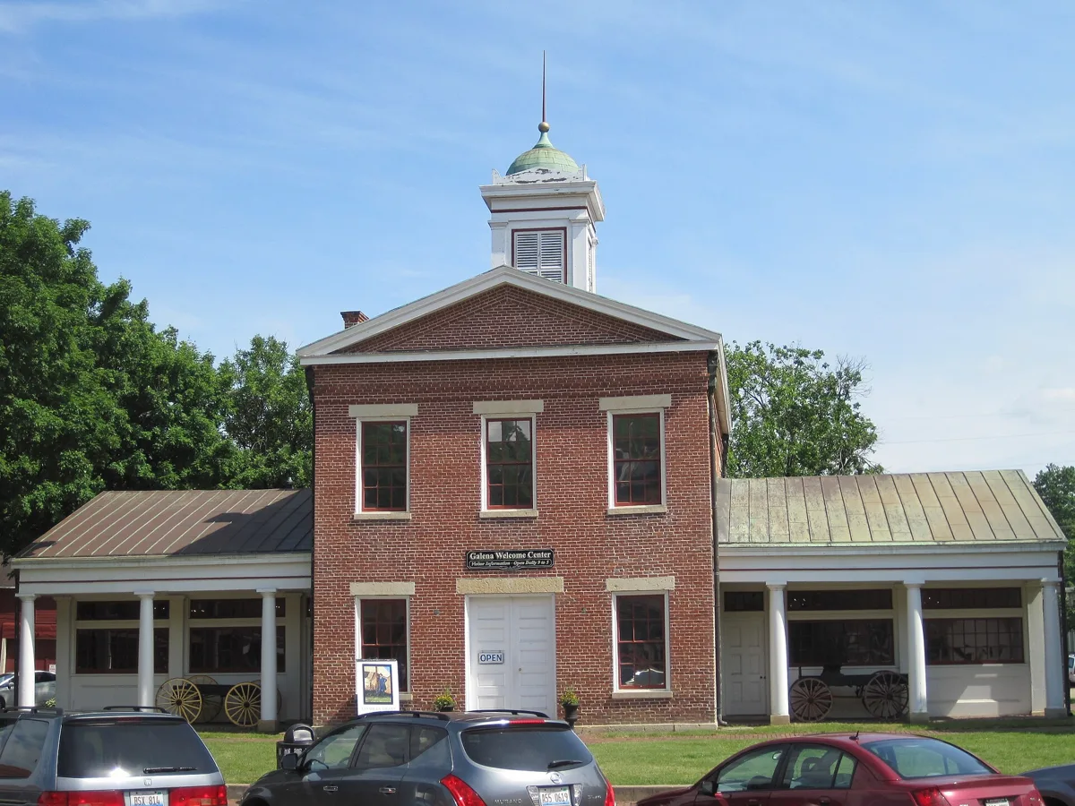 The Old Market House in Galena, a two-story brick building with a white cupola and side porches