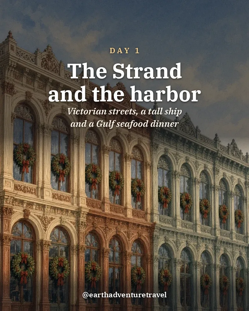 Illustrated day card: Victorian streets, a tall ship and a Gulf seafood dinner