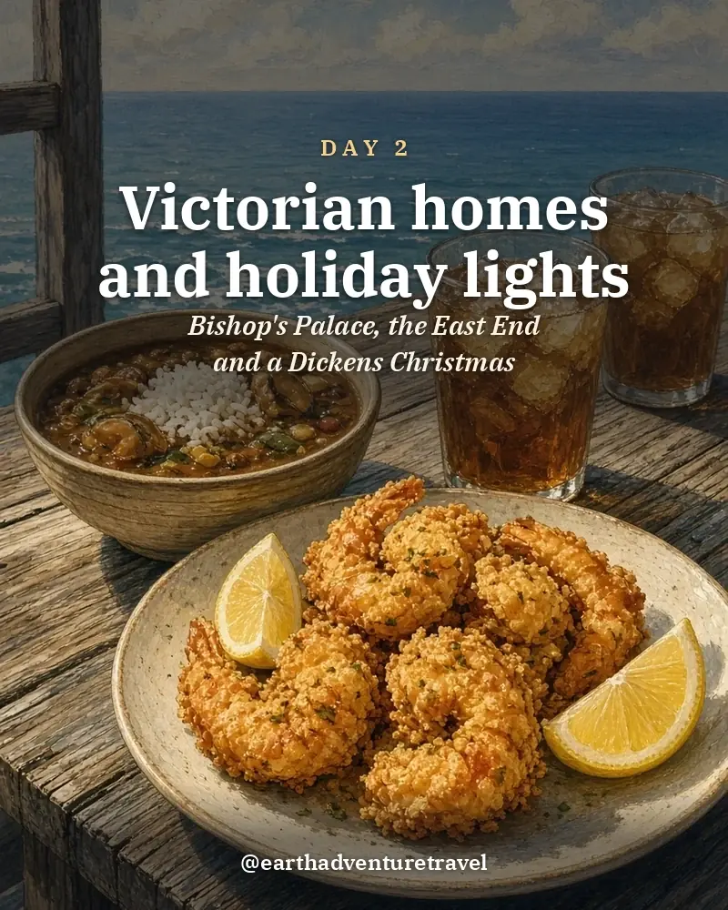 Illustrated day card: Bishop's Palace, the East End and a Dickens Christmas