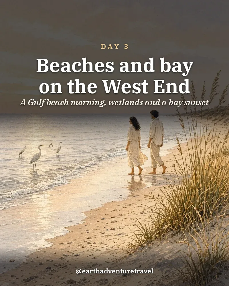 Illustrated day card: A Gulf beach morning, wetlands and a bay sunset