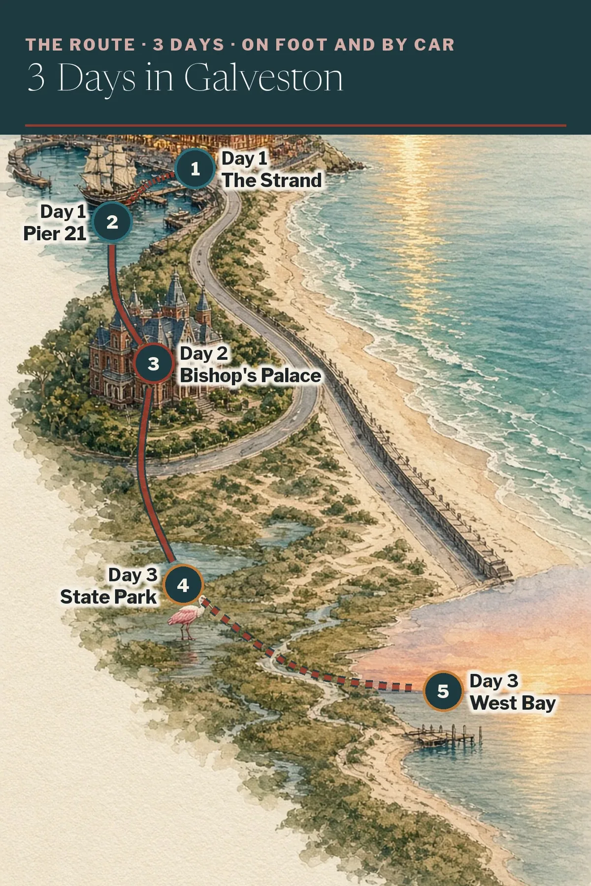 Illustrated route map: The Strand, Pier 21, Bishop's Palace, Island State Park, West Bay