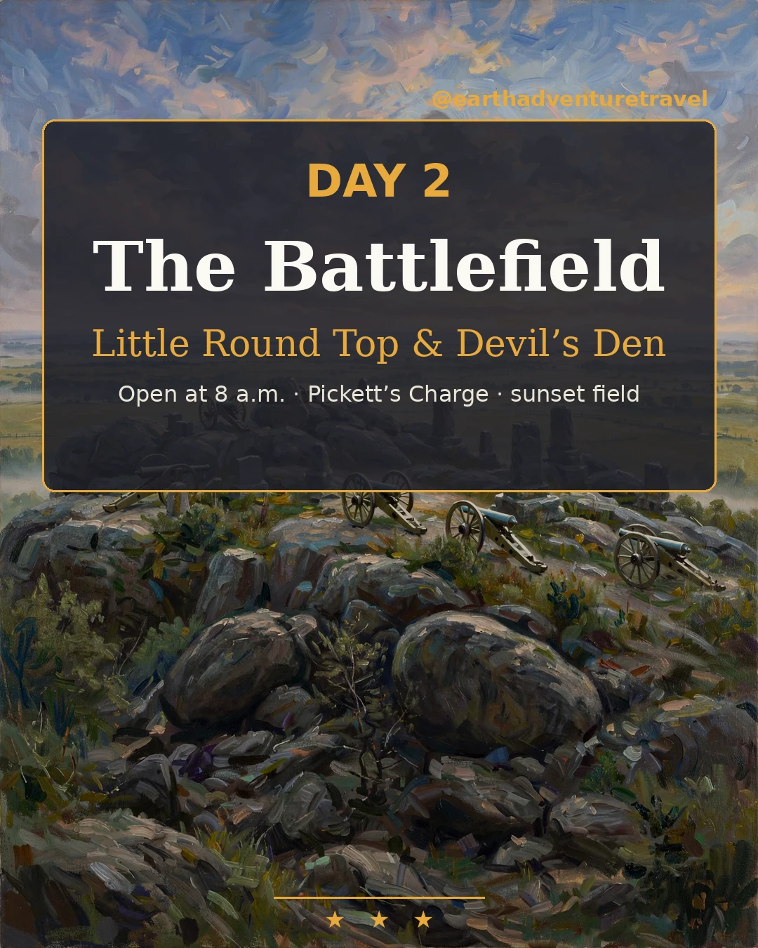 Day 2 graphic: the boulders of Devil's Den below Little Round Top at golden hour