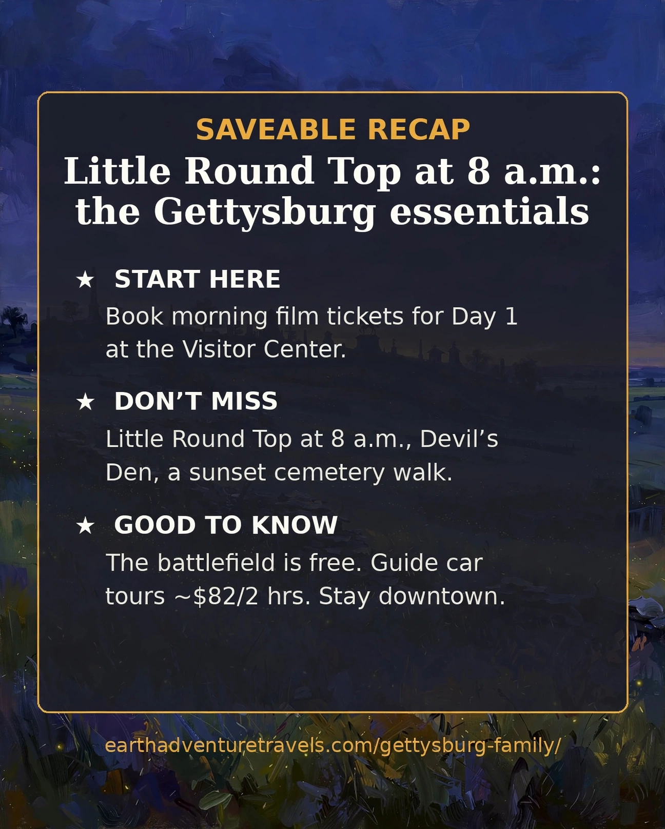 Saveable recap graphic for the three-day Gettysburg family route