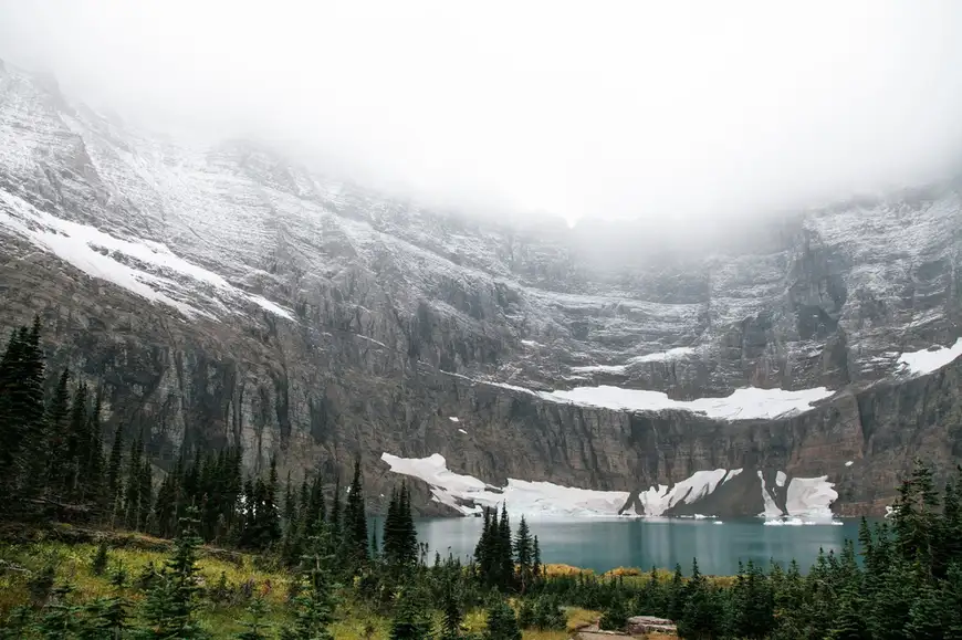 Grinnell Glacier cirque above a turquoise lake in Many Glacier Valley, Glacier National Park