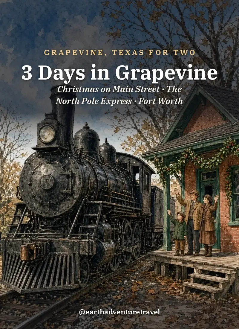 Original Illustration: a vintage holiday train at a lit depot in Grapevine, Texas