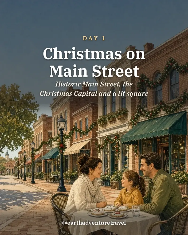 Illustrated day card: Historic Main Street, the Christmas Capital and a lit square