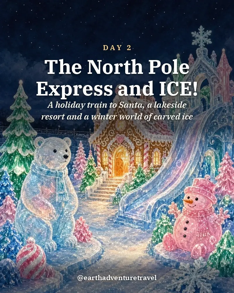 Illustrated day card: A holiday train to Santa, a lakeside resort and a winter world of carved ice
