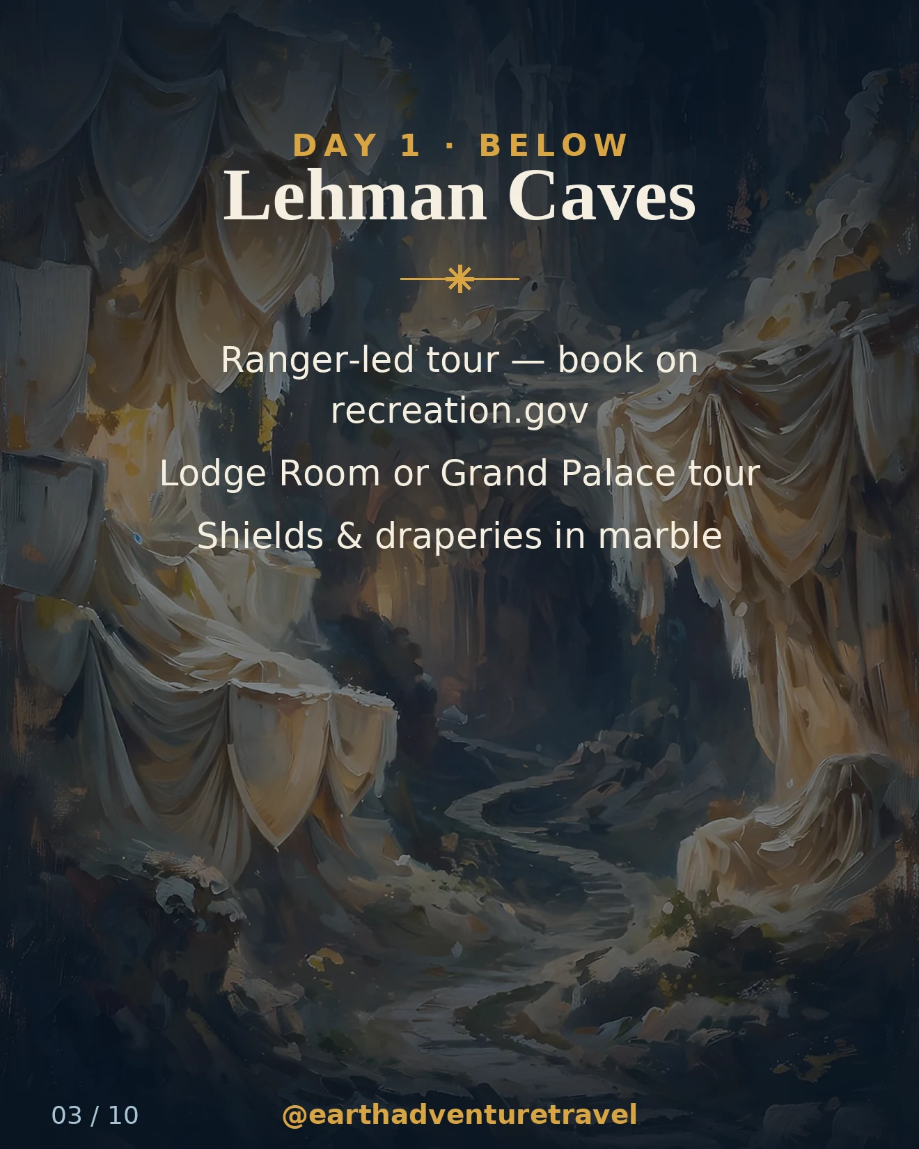 Day 1 graphic: shield formations and drapery inside Lehman Caves