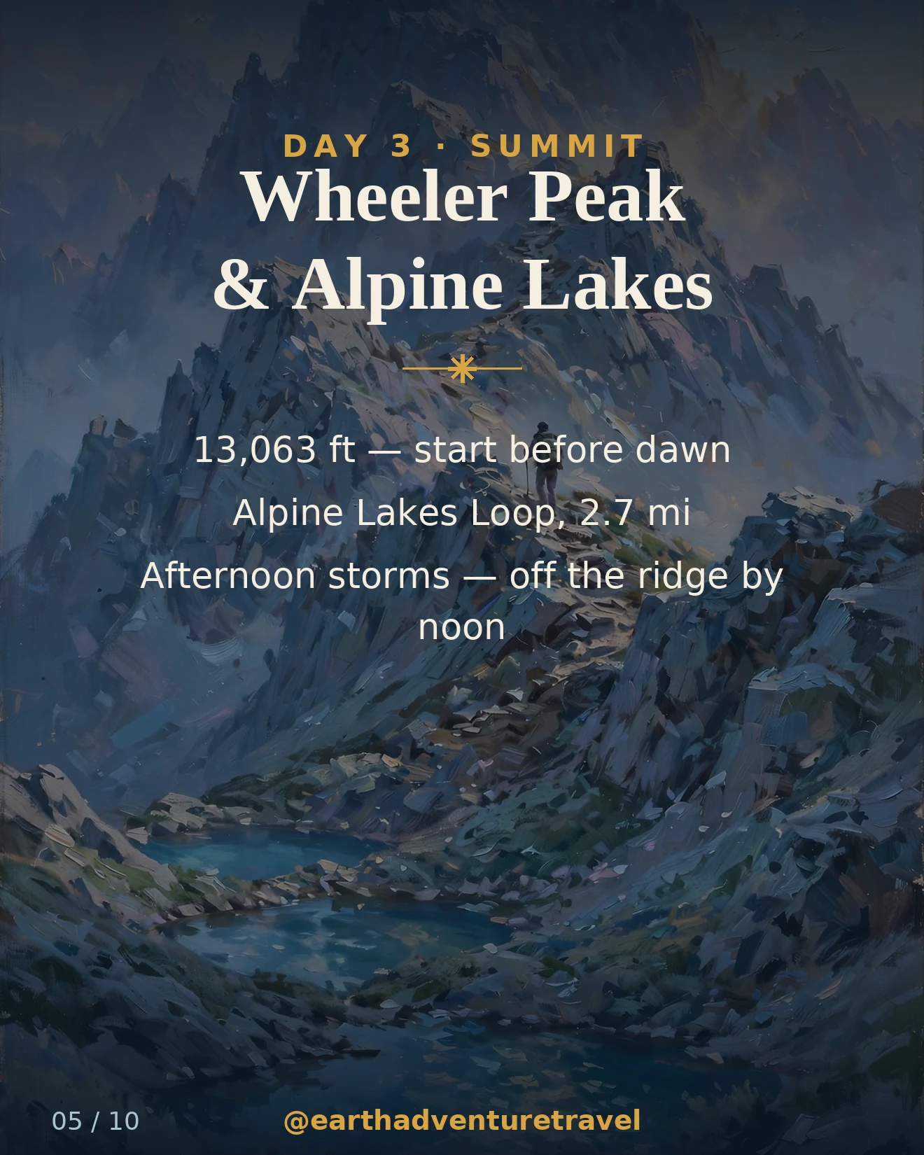 Day 3 graphic: a hiker ascending toward Wheeler Peak above alpine lakes