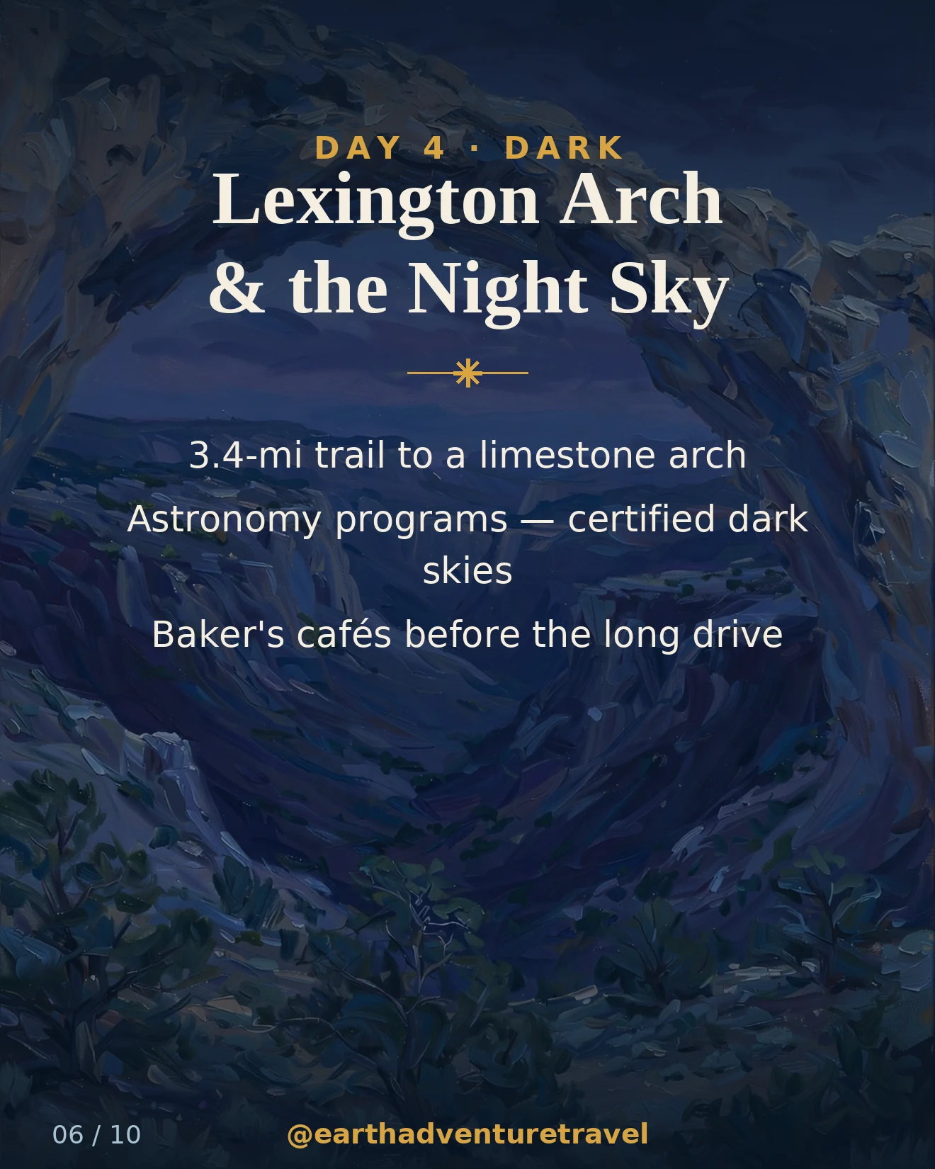 Day 4 graphic: Lexington Arch spanning a desert canyon at blue hour