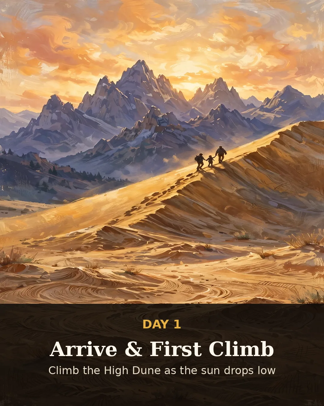 Day 1 graphic: family climbing a golden dune ridge at sunset
