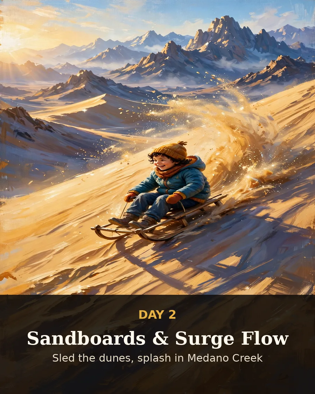 Day 2 graphic: child sandsledding down a golden dune