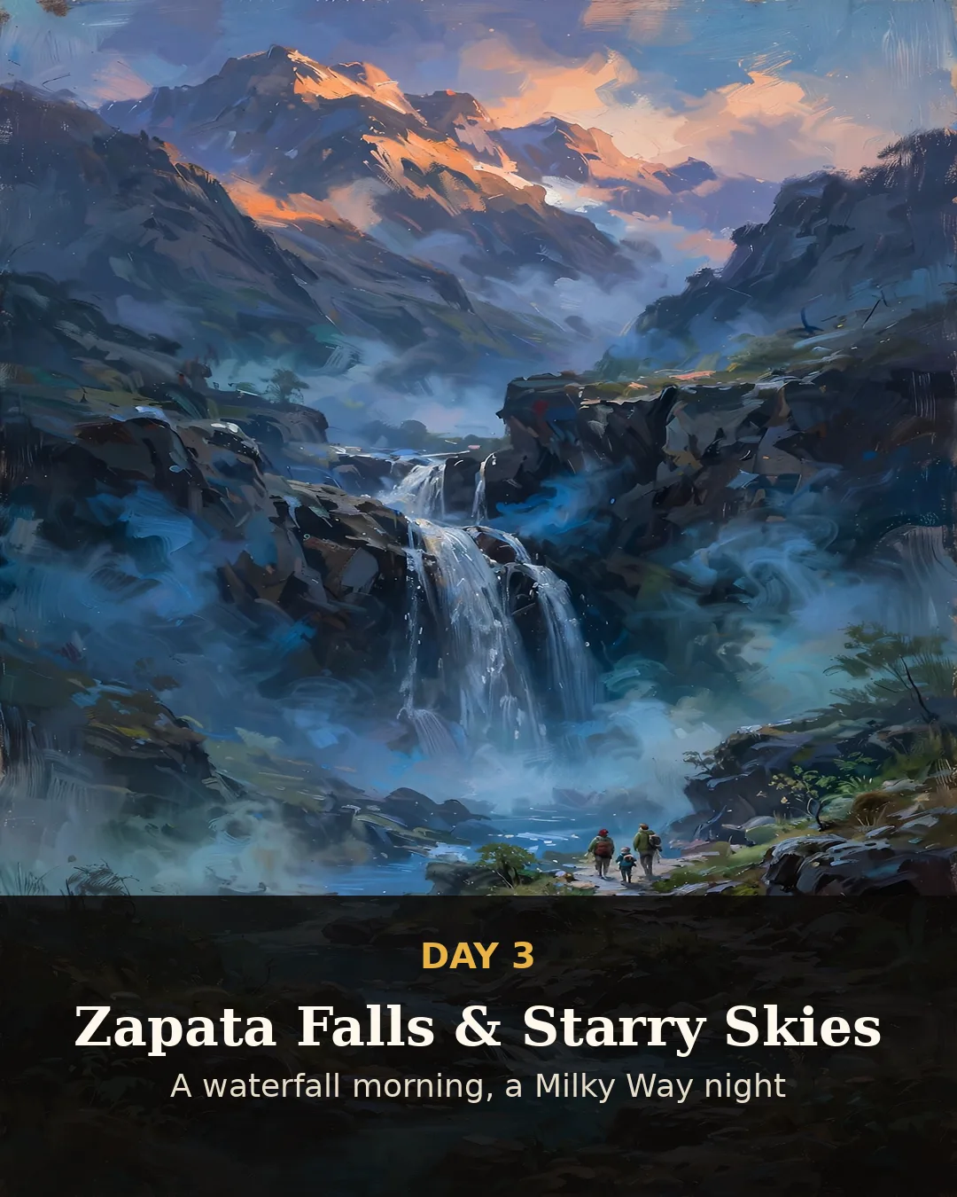 Day 3 graphic: Zapata Falls in a mountain cleft at dawn