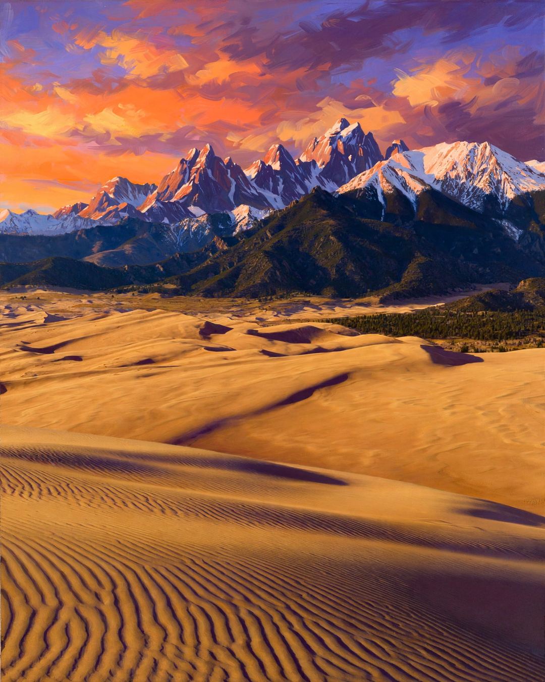 Illustrated Great Sand Dunes at sunset — golden dune ridges with the snow-dusted Sangre de Cristo Mountains behind