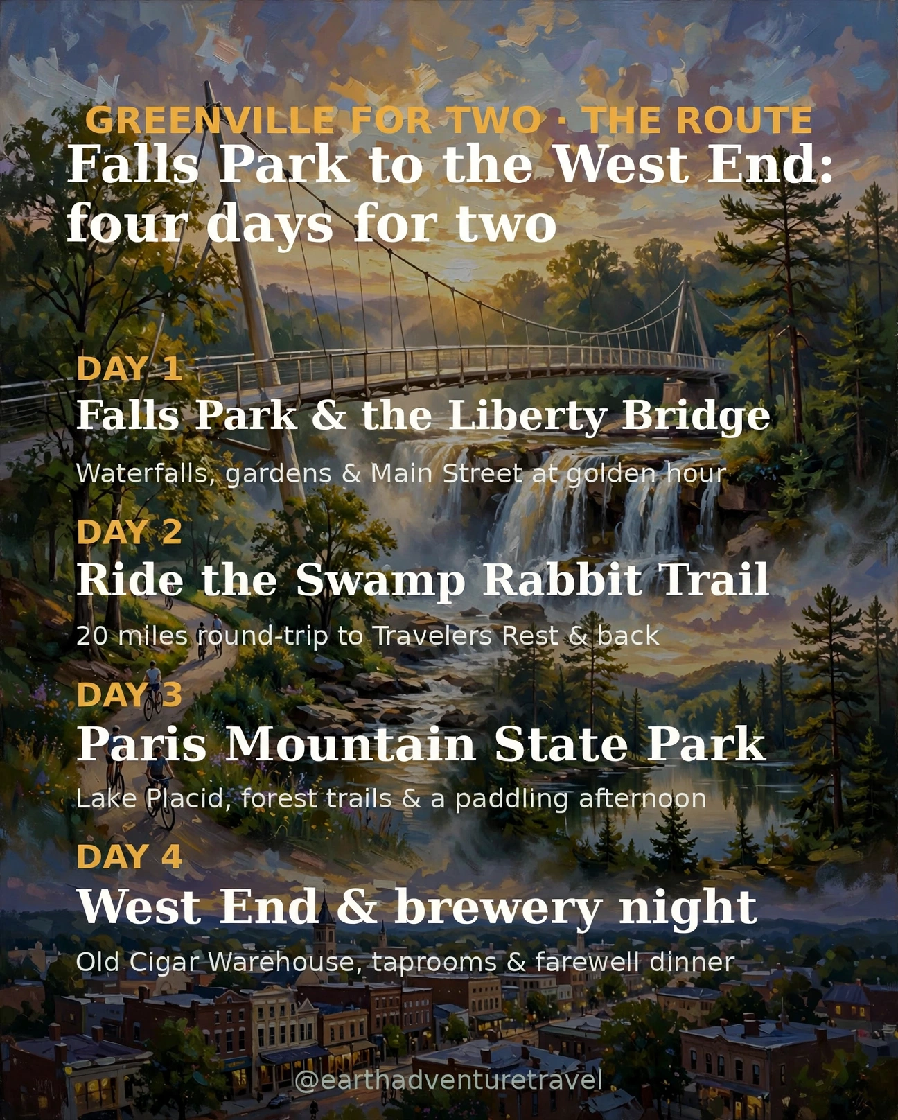 Illustrated four-day Greenville couples route plan