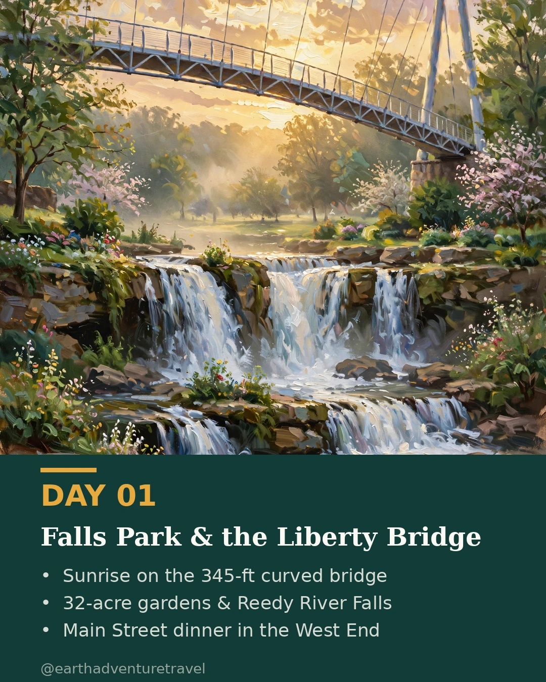 Day 1 graphic: Falls Park and the Liberty Bridge at sunrise