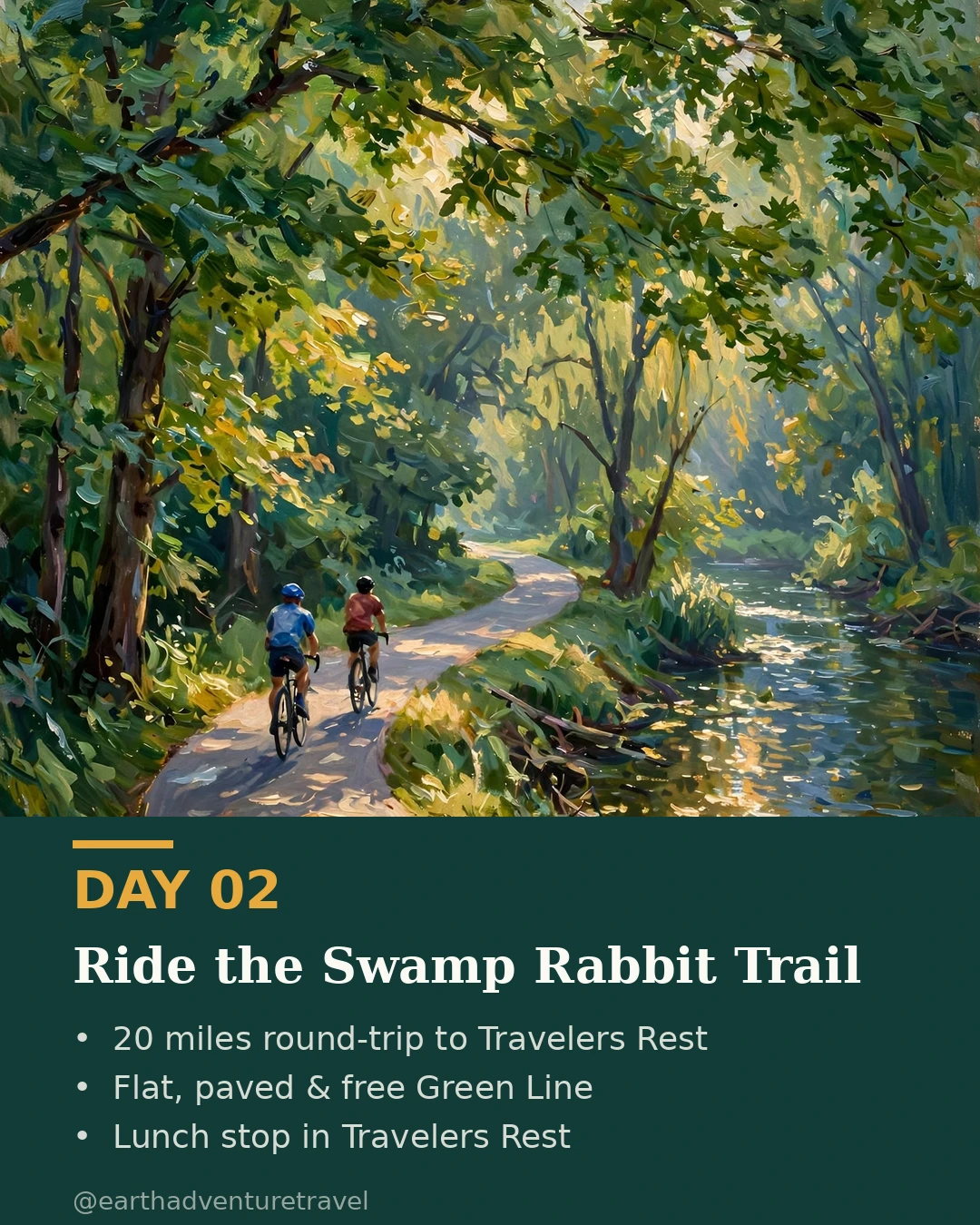 Day 2 graphic: cycling the Swamp Rabbit Trail through green trees