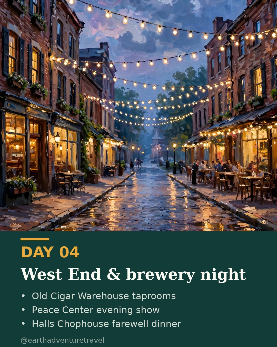 Day 4 graphic: the West End at blue hour with glowing shop windows