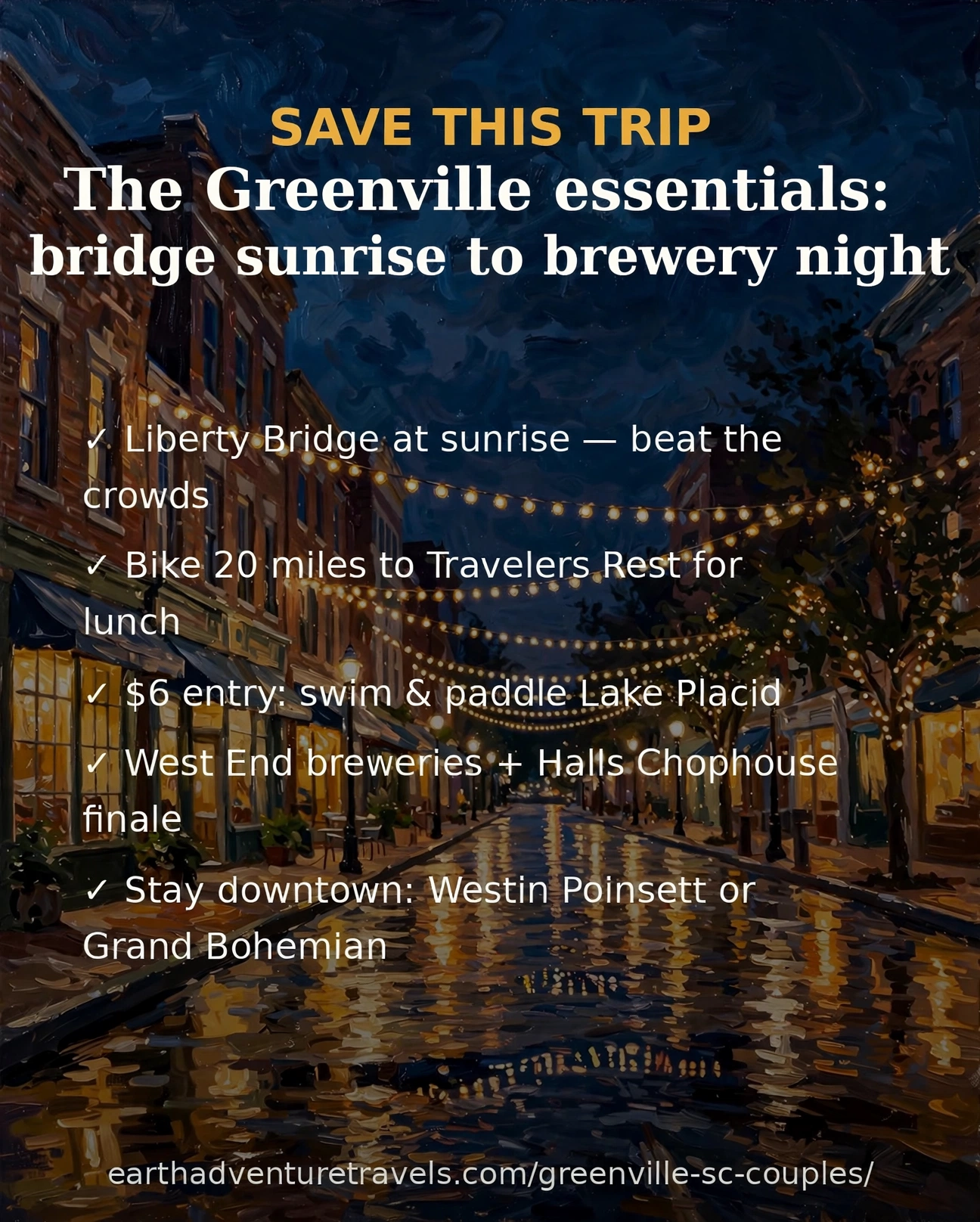 Saveable recap graphic for the four-day Greenville couples route