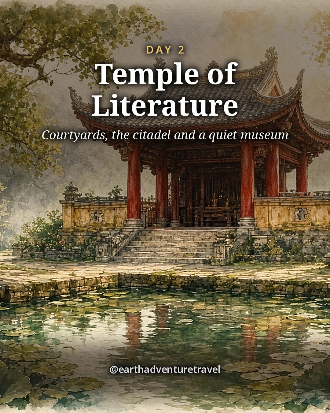 Illustration: a red pavilion over a lotus pond under old trees in a temple courtyard, illustrated day card for Day 2