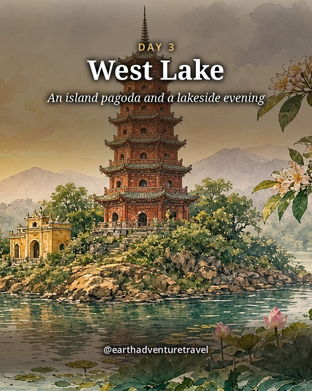 Illustration: a tall red multi-tiered pagoda on a small island in a lake at sunset, illustrated day card for Day 3