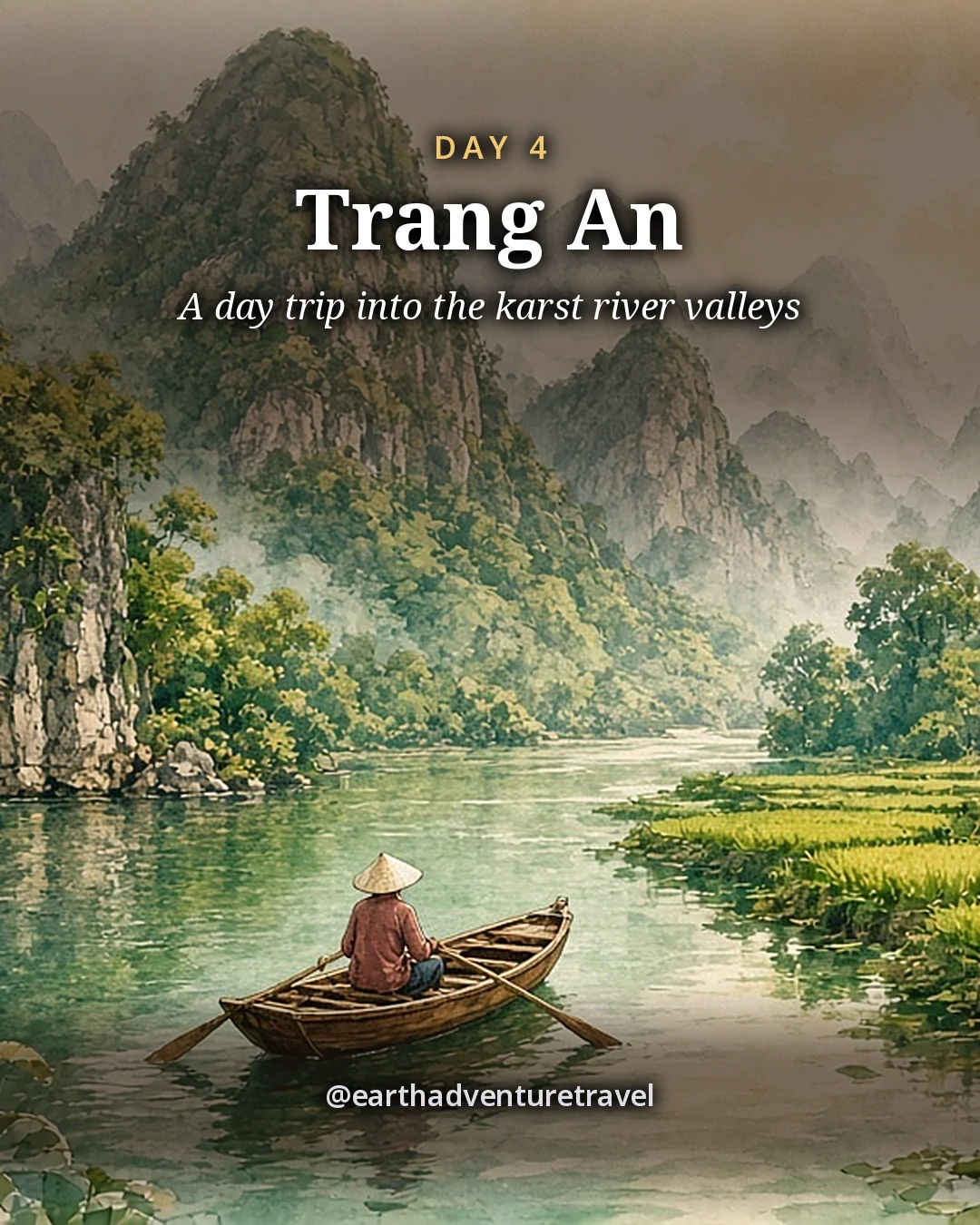 Illustration: limestone karst peaks above a river, a rower in a small sampan, rice fields and an ochre house, illustrated day card for Day 4