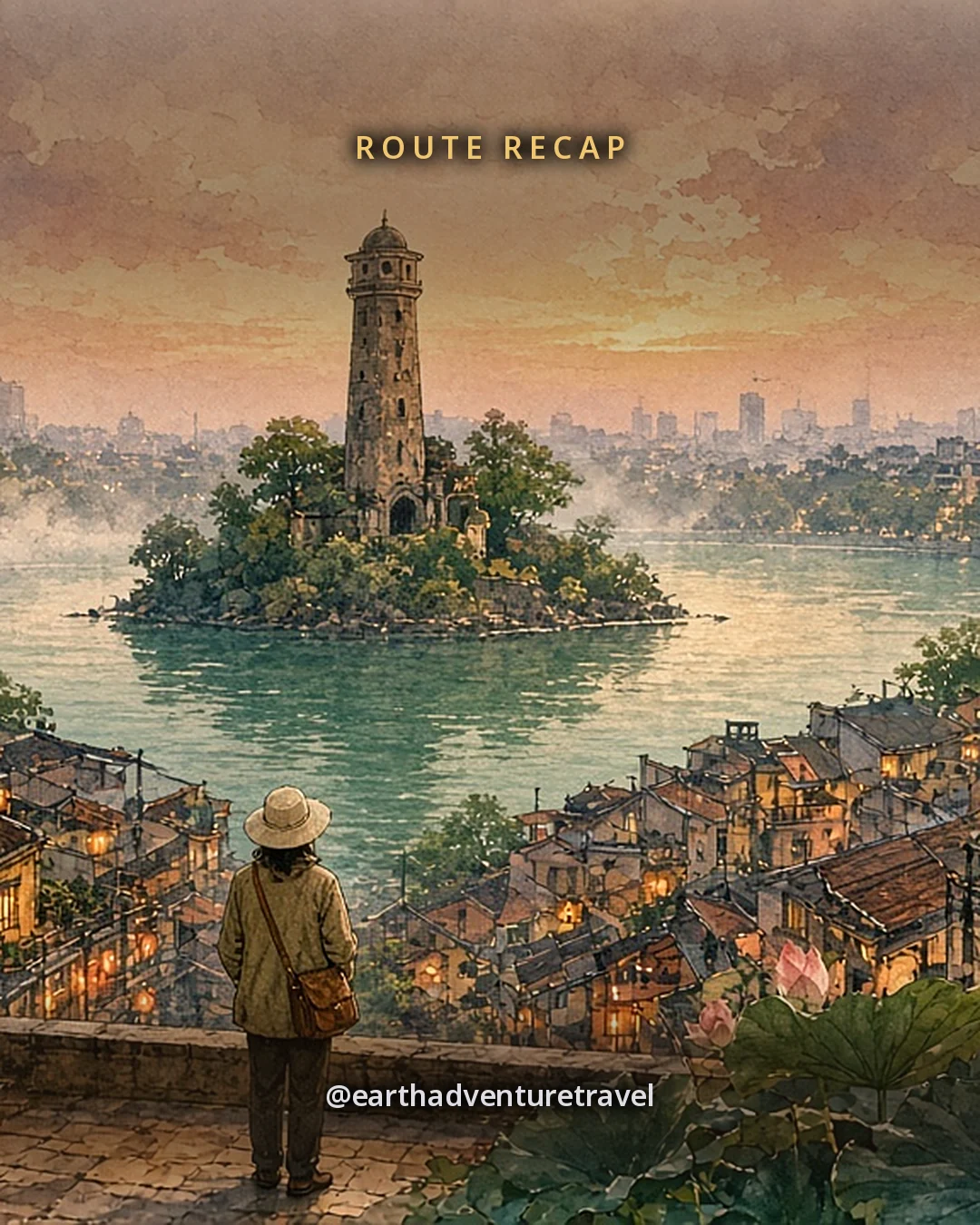 Illustration: a solo traveler on a balcony looking over the rooftops to a tower on a lake at dusk, original illustrated recap card