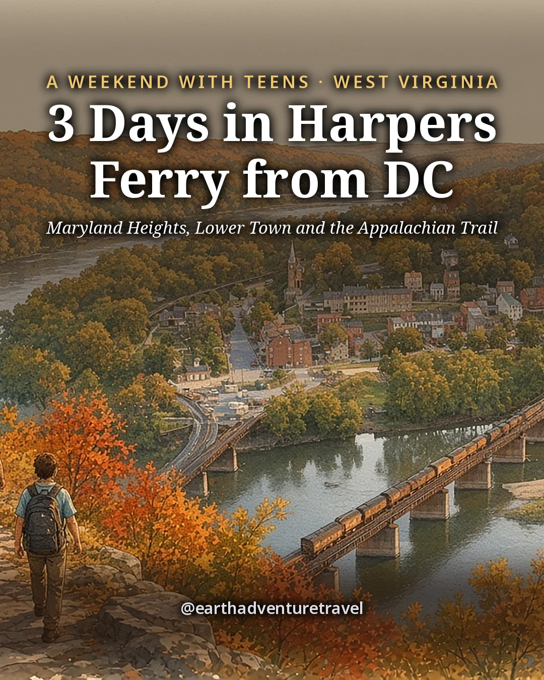 Illustration: the cover for 3 Days in Harpers Ferry from DC, teenagers with daypacks climbing a rocky trail through autumn oaks high above the meeting of two rivers, a railroad bridge and the old brick town far below