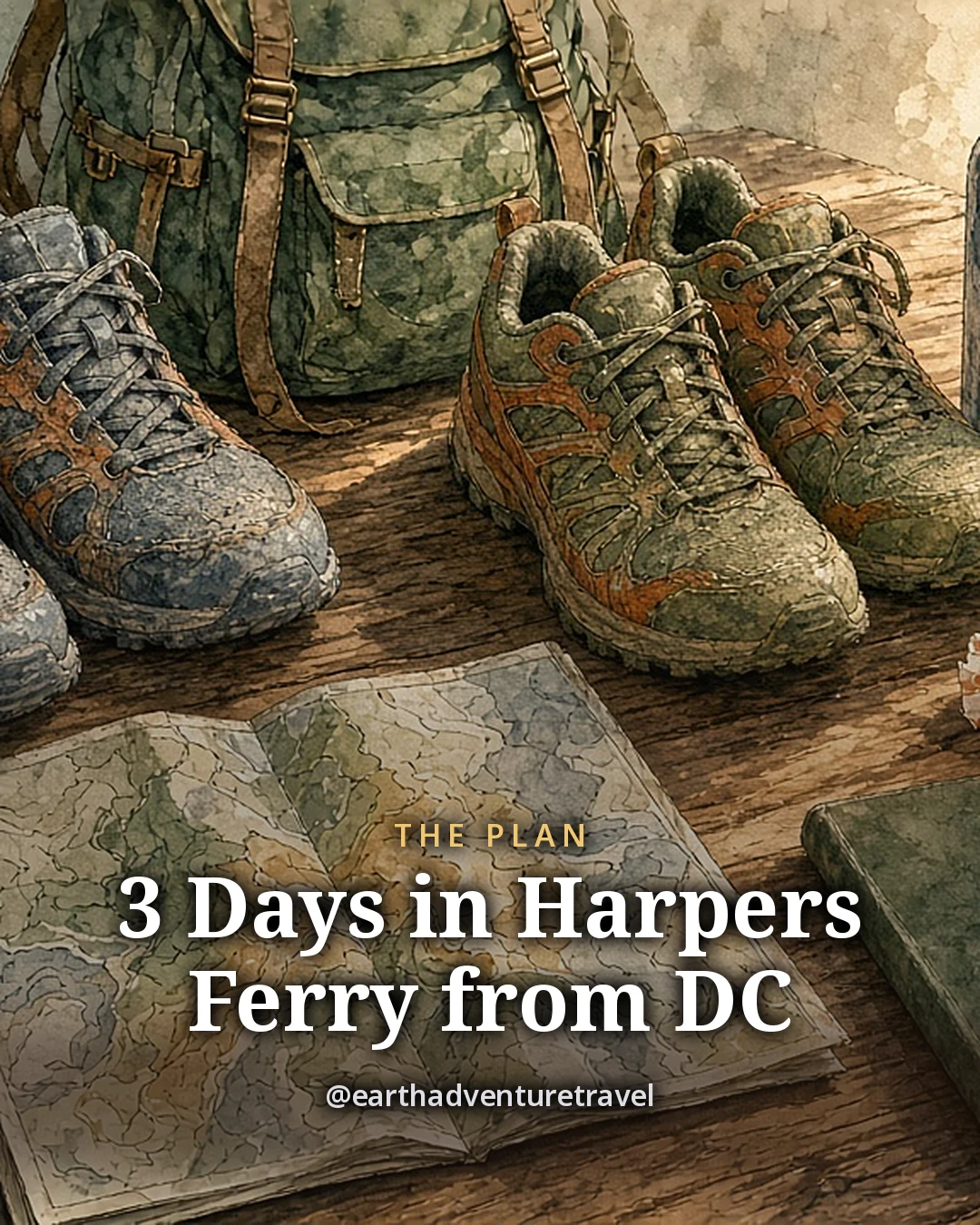 Illustration: two pairs of trail shoes, a water bottle, a small daypack, a trail snack bag, a compass, a striped candy stick and a folded paper map on a wooden table, original illustrated plan card for 3 days in Harpers Ferry
