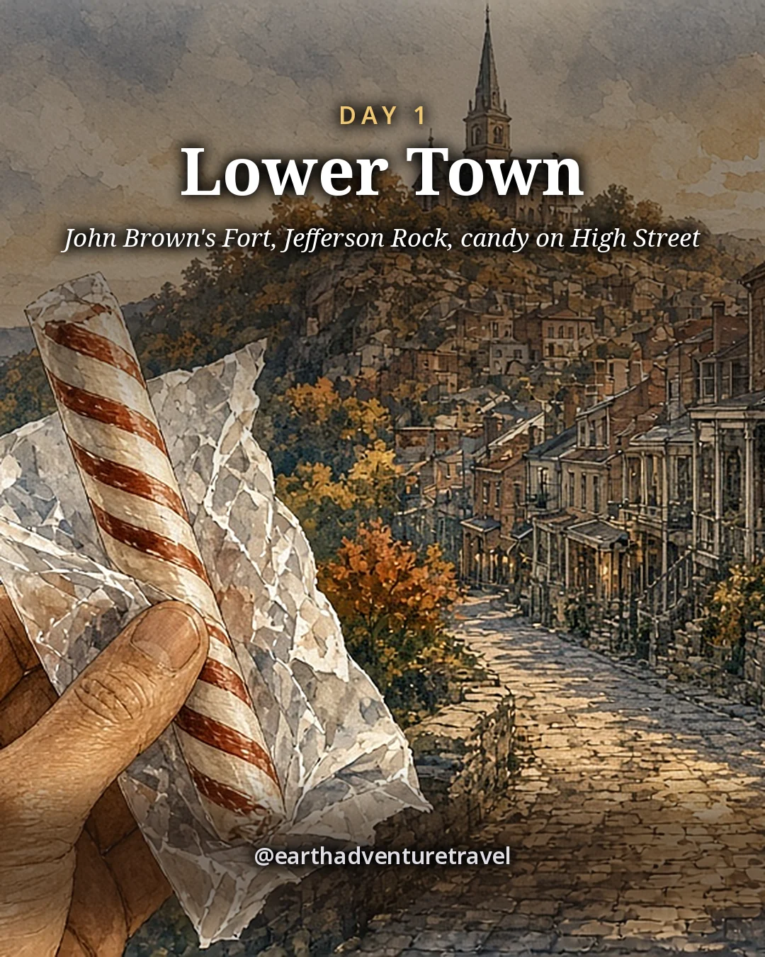 Illustration: a hand holding a striped candy stick in wax paper on a stone step, with Lower Town’s steep brick street and a church steeple soft behind in late gold light, illustrated day card for Day 1